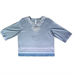 Alfred Dunner Blue and White Striped Top with Lace Detail